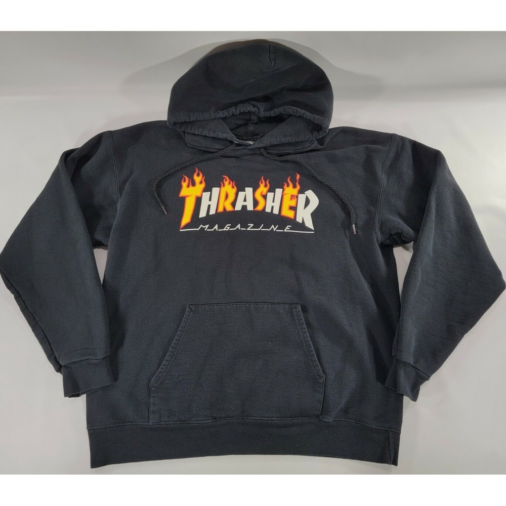 THRASHER‎ MAGAZINE Skateboarding Flames Long Sleeve Pullover HOODIE Sz M EUC